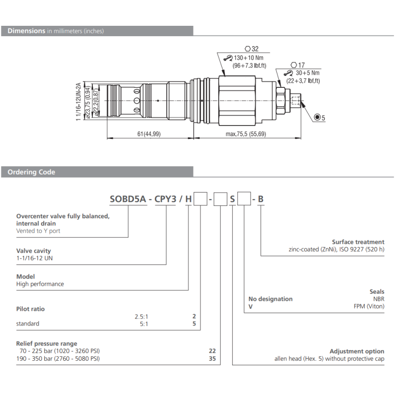 Zawór SOBD5A-CPY3, Seals: No designation, Pilot ratio: 5, P