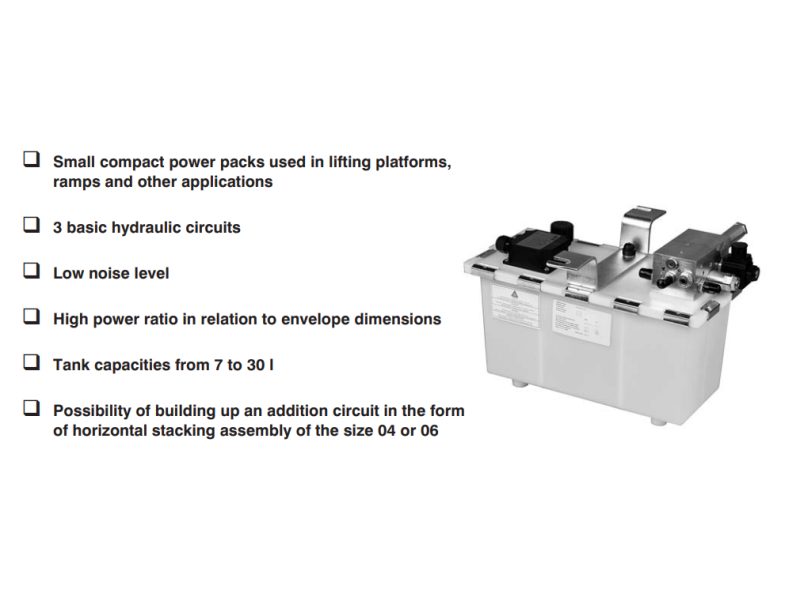 Zasilacz hydrauliczny SPA 01, Objętość geometryczna: 1,20 cm³/obr., Silniki elektryczne: 1500 obr/min - 400V - 0,55kW, Zbiorniki: 0,7L
