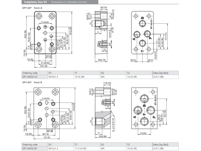 Pojedyńczy blok płytowy gwintowany DP - 04 (06, 10), Rozmi