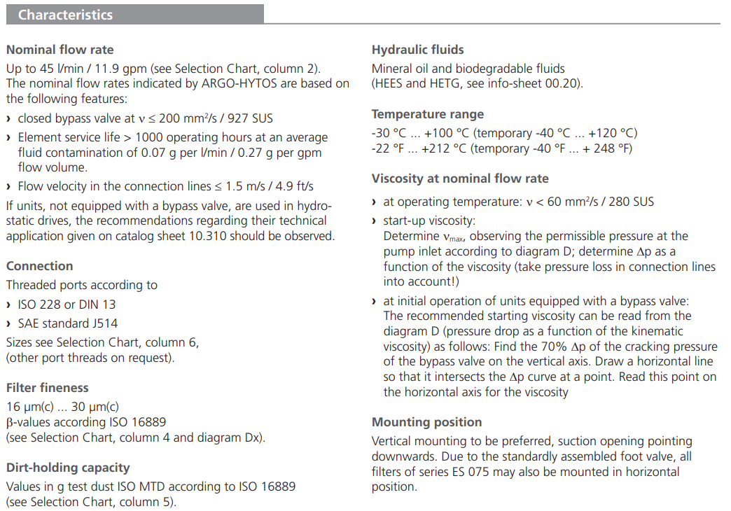 Filtr ES 075, Rozmiar filtra: D1-G1"