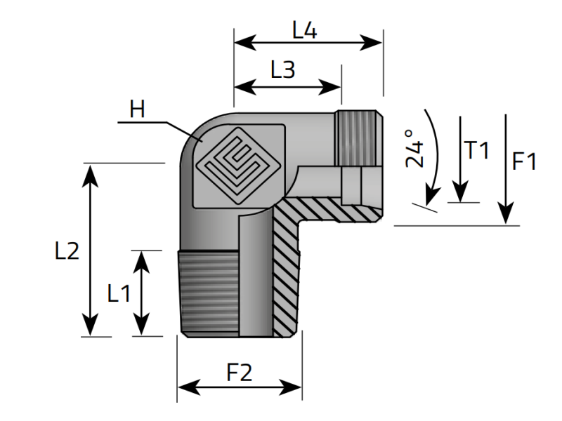 Przyłącze kątowe 90° WE 04LL M08x1,0 - M06x1,0 stożkowy