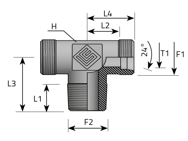 Trójnik symetryczny TET 06L M12x1,5 - M10x1,0 stożkowy, Materiał: Stal węglowa Cr(VI)-free/Zn-Ni, Rozmiar gwintu: 06L M12x1,5 - M10x1,0
