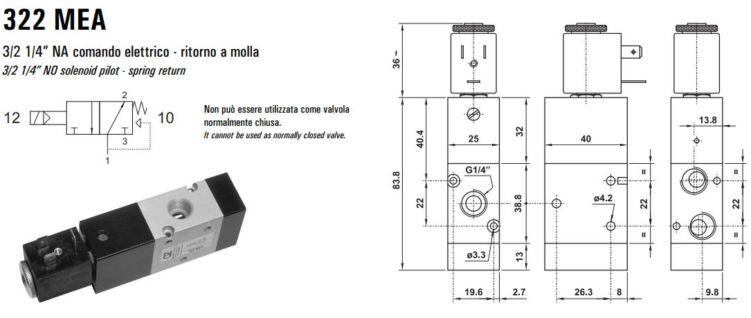 Elektrozawór 322 ME/MEA/CE, Elektrozawory - NC/NO: NC - nor
