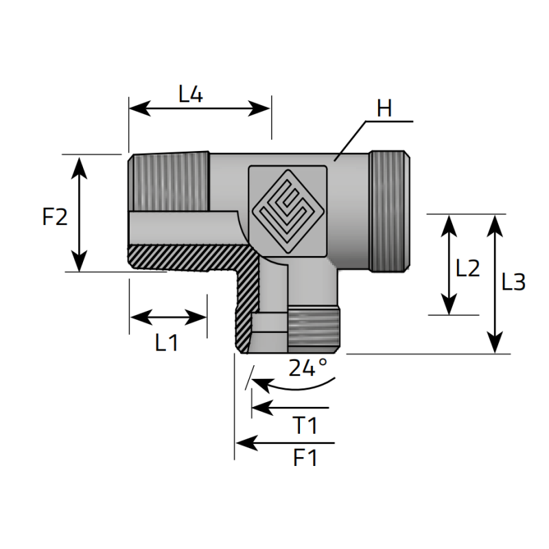 Trójnik niesymetryczny TEL 06L M12x1,5 - M10x1,0 stożkowy, Materiał: Stal węglowa Cr(VI)-free/Zn-Ni, Rozmiar gwintu: 06L M12x1,5 - M10x1,0