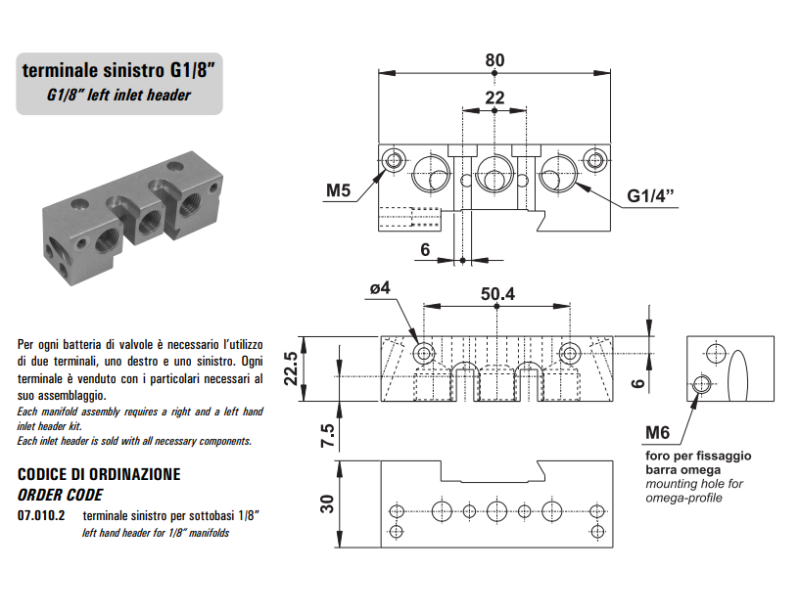 Blok zaworowy 07.010.2, Rozmiar gwintu (4): 1/4"