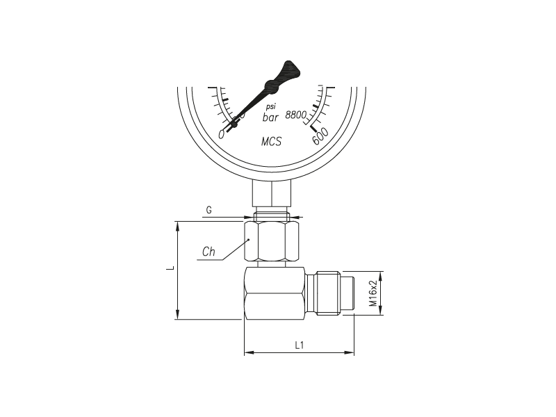Złącze pomiarowe kątowe 90° GW calowy pod manometr / GZ 16x2,0, Rozmiar gwintu (2): 1/2