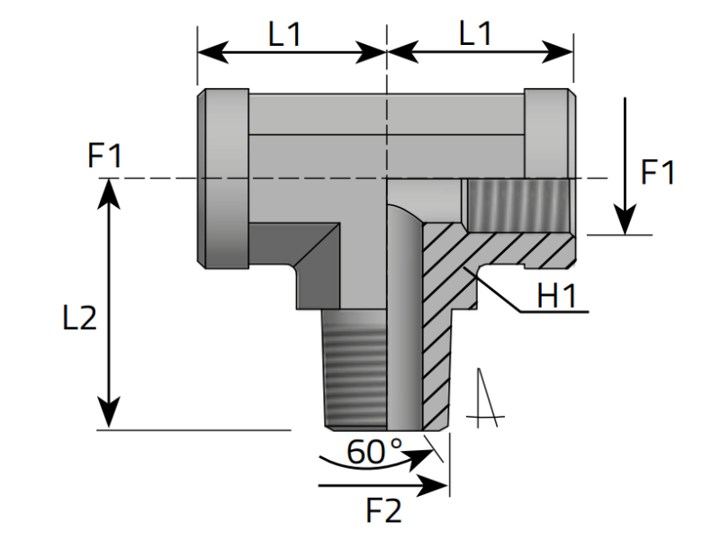Trójnik symetryczny TWT 1/8" BSPP - 1/8" BSPT, Materiał: S