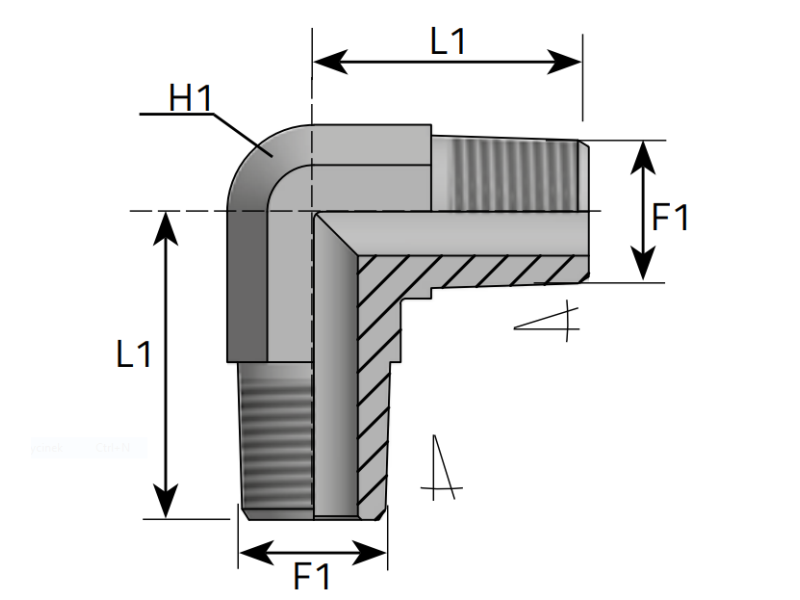 Przyłącze kątowe 90° W 1/8" NPT stożkowy, Materiał: St