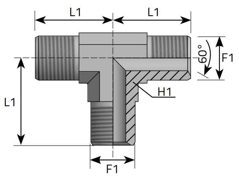 Trójnik MT stożek 60° M10x1,0, Materiał: Stal węglowa Cr(VI)-free/Zn-Ni, Rozmiar gwintu: M10x1,0
