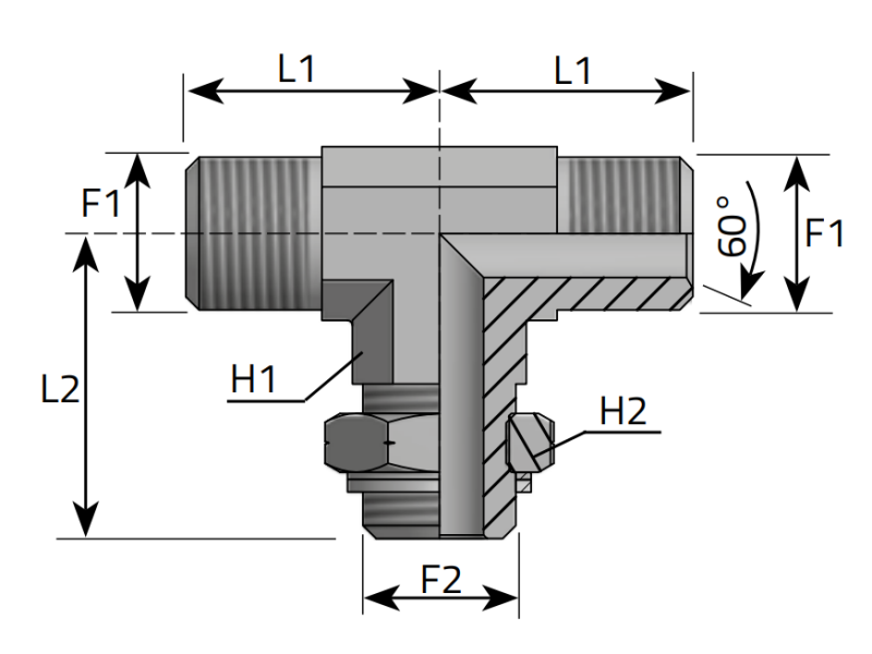 Trójnik symetryczny TEET GZ Metryczny stożek 60° / GZ Metryczny / GZ Metryczny stożek 60° M10x1,0 - M12x1,5, Materiał: Stal węglowa Cr(VI)-free/Zn-Ni, Rozmiar gwintu: M10x1,0 - M12x1,5