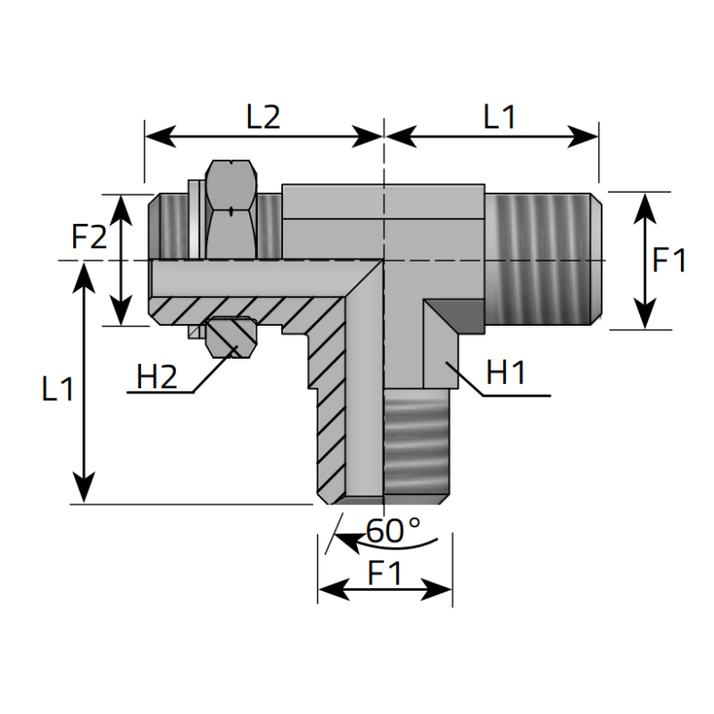 Trójnik niesymetryczny TEEL M stożek 60° M10x1,0 - M12x1,5, Materiał: Stal węglowa Cr(VI)-free/Zn-Ni, Rozmiar gwintu: M10x1,0 - M12x1,5