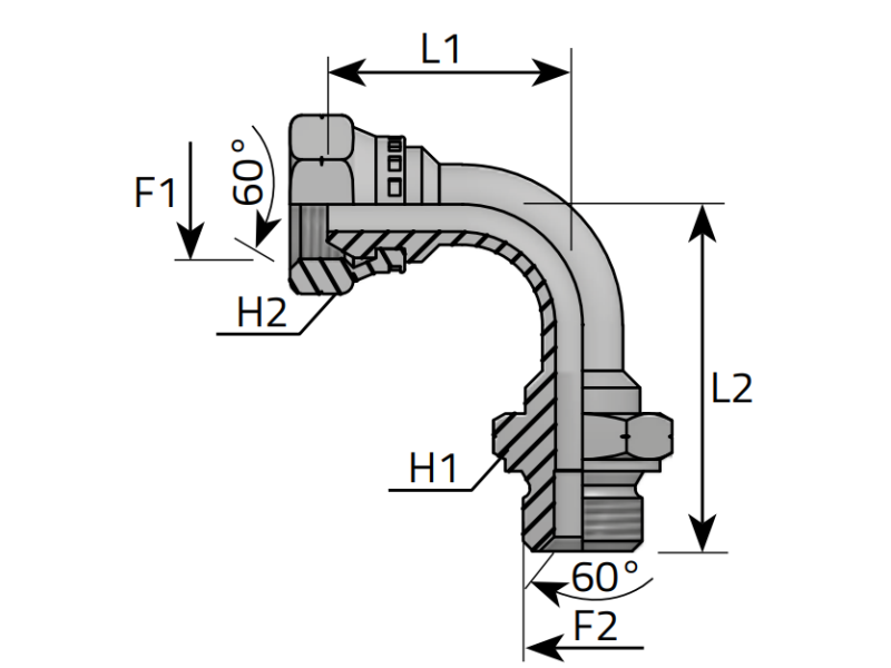 Złącze kątowe EEW 90° M stożek 60° M10x1,0, Materiał: