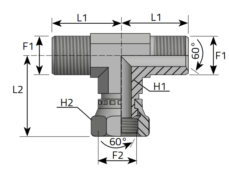 Trójnik symetryczny  ET M st.60° M12x1,5, Materiał: Stal węglowa Cr(VI)-free/Zn-Ni, Rozmiar gwintu: M12x1,5