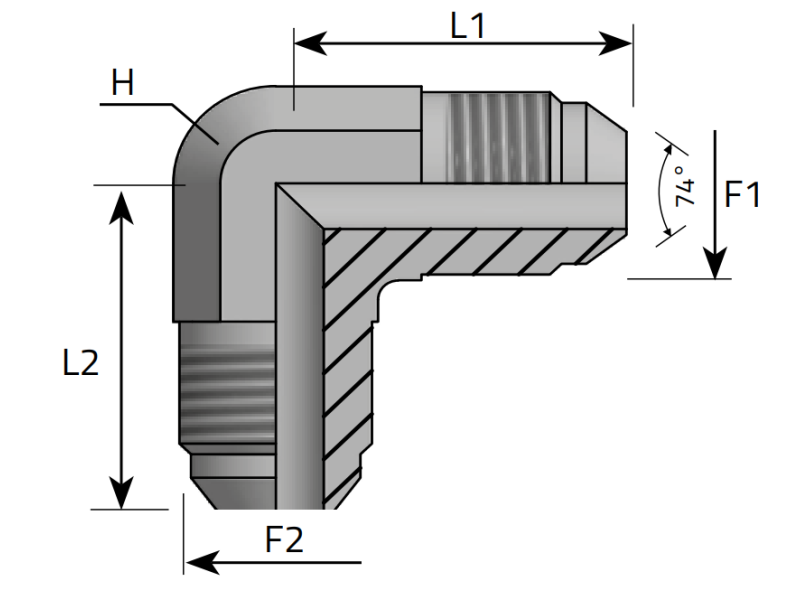 Przyłącze kątowe 90° W 7/16" JIC, Materiał: Stal węglo