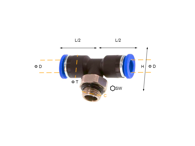 Przyłącze wtykowe trójnikowe ET metryczne/GZ BSPP O-RING 4 mm - M5x0,8, Rozmiar ØD: 4 mm - M5x0,8