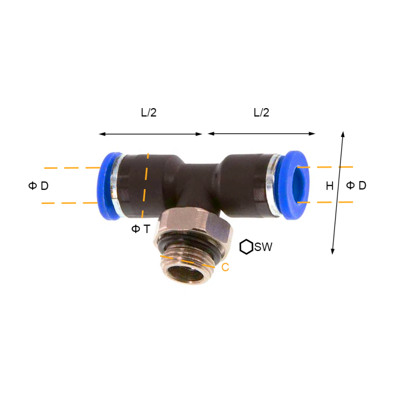 Przyłącze wtykowe trójnikowe ET metryczne/GZ BSPP O-RING 4 mm - M5x0,8, Rozmiar ØD: 4 mm - M5x0,8