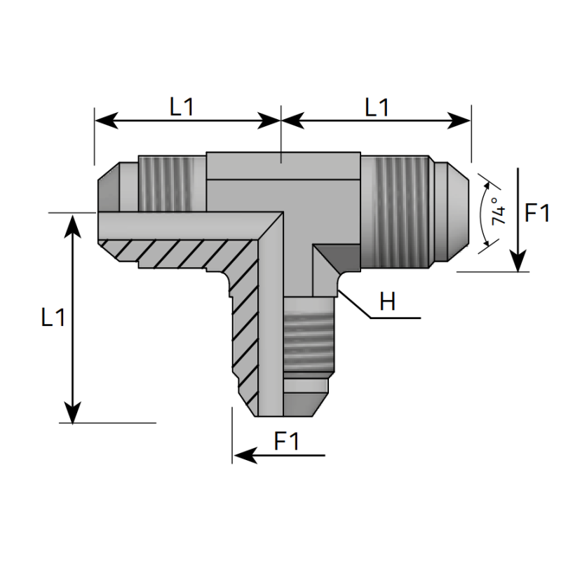 Trójnik T 7/16" JIC, Materiał: Stal węglowa Cr(VI)-free/Z