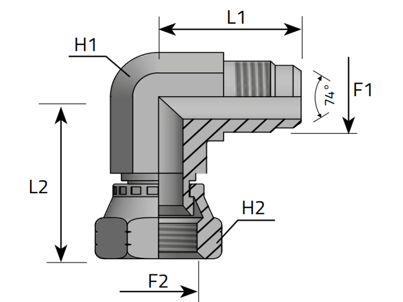 Złącze kątowe 90° EW 7/16" JIC, Materiał: Stal węglowa
