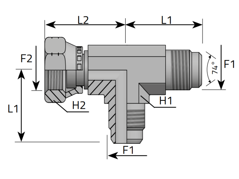 Trójnik niesymetryczny EL 7/16" JIC, Materiał: Stal węglo