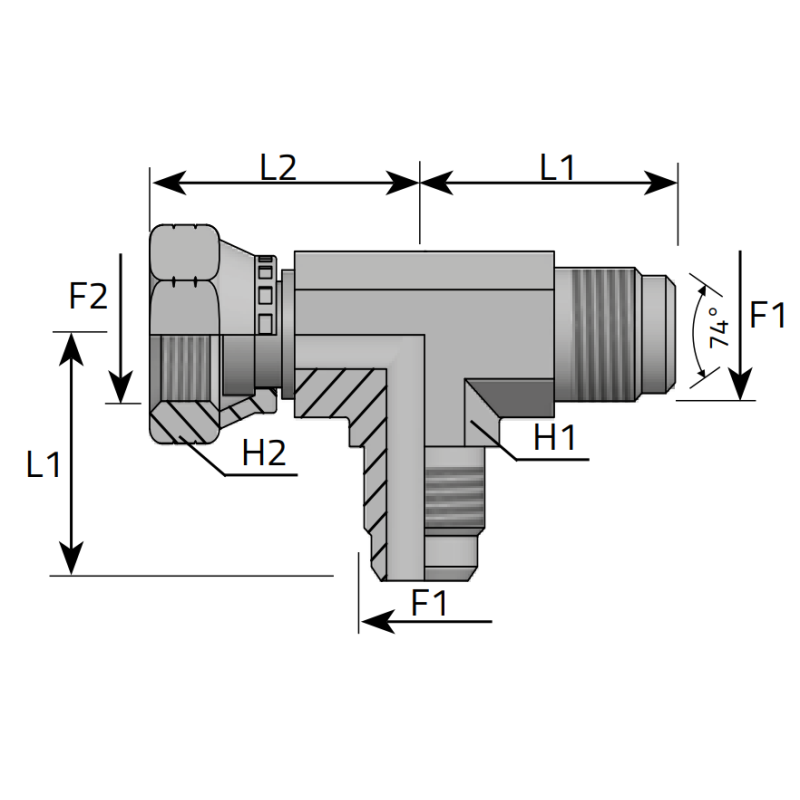 Trójnik niesymetryczny EL 7/16" JIC, Materiał: Stal węglo