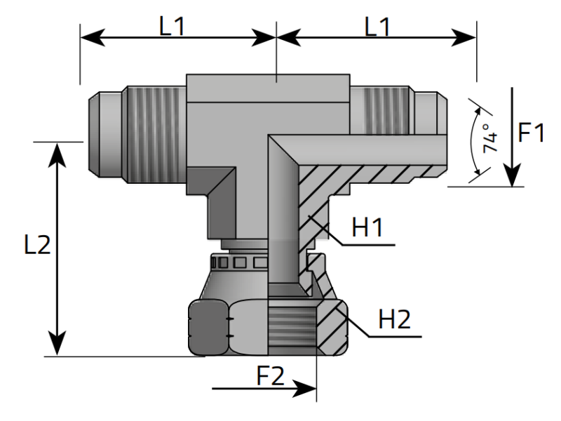 Trójnik symetryczny ET 7/16" JIC, Materiał: Stal węglowa 