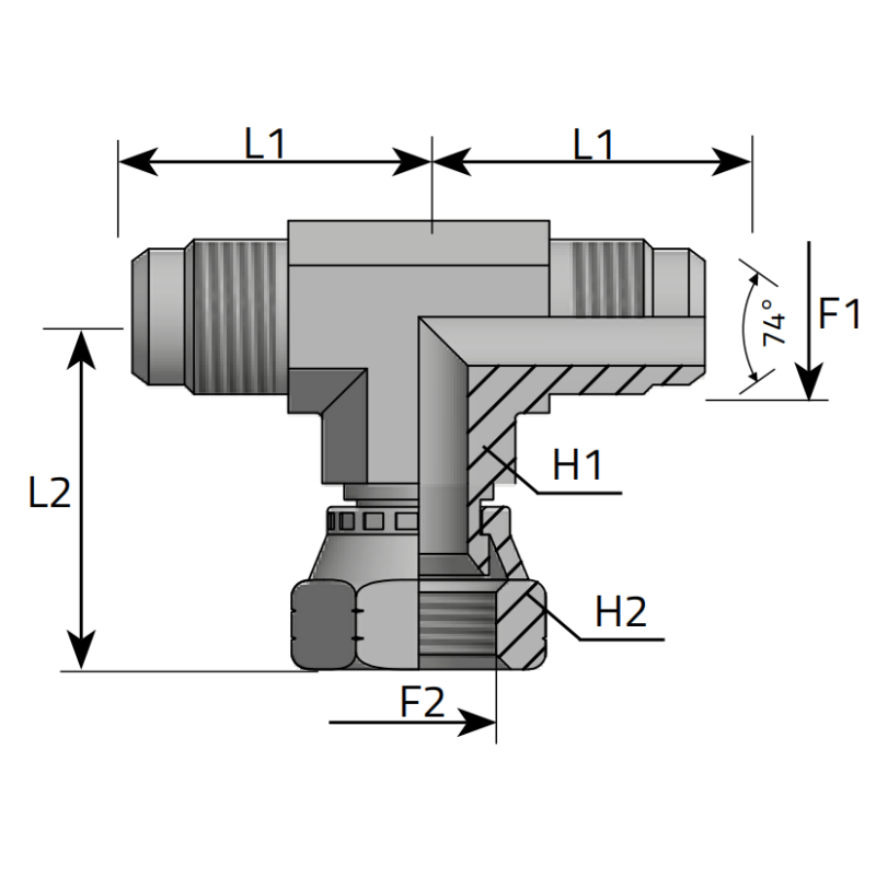 Trójnik symetryczny ET 7/16" JIC, Materiał: Stal węglowa 