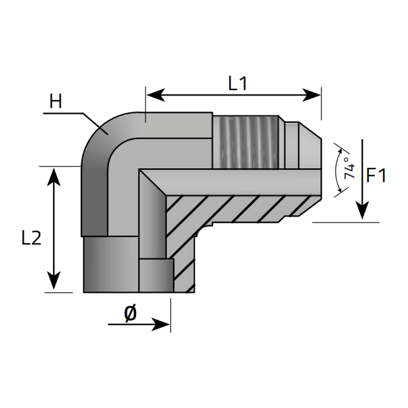 Przyłącze kątowe 90° LMJW 7/16" JIC - Ø6, Materiał: St