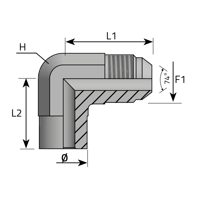 Przyłącze kątowe 90° LMJZ 7/6" JIC - Ø15, Materiał: St