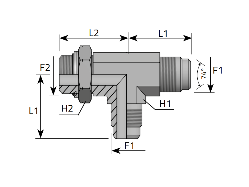 Trójnik niesymetryczny TEEL 7/16" JIC - M10x1,0, Materiał: