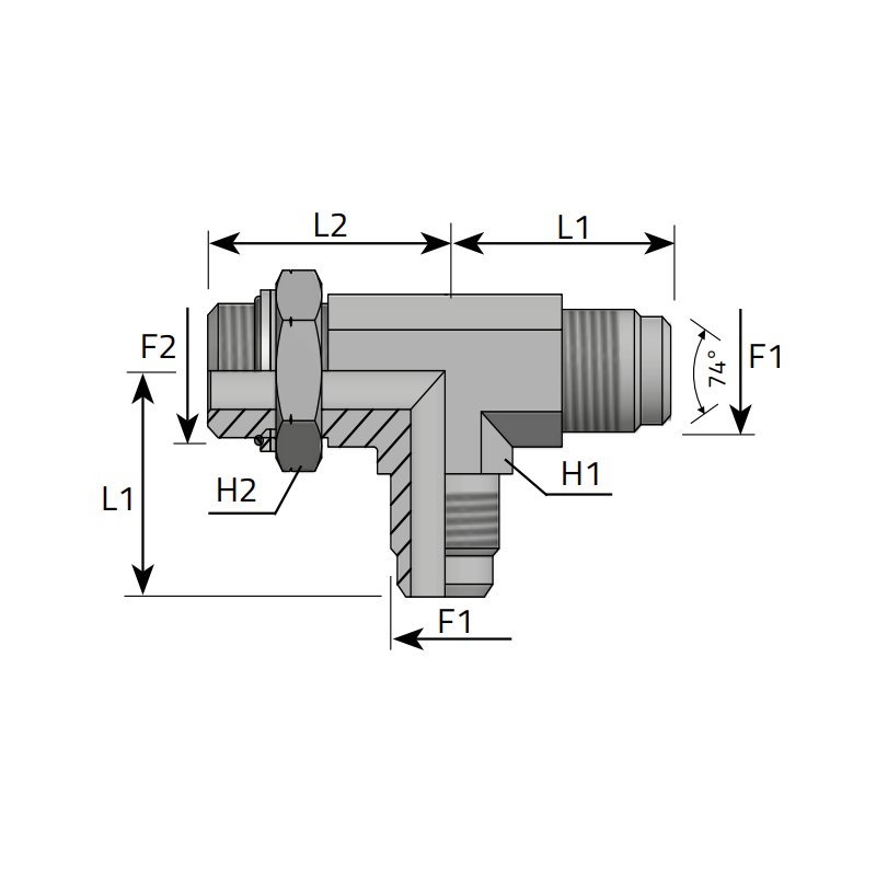 Trójnik niesymetryczny TEEL 7/16" JIC - M10x1,0, Materiał: