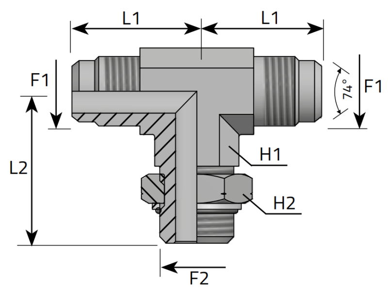 Trójnik symetryczny TEET 7/16" JIC - M10x1,0, Materiał: St