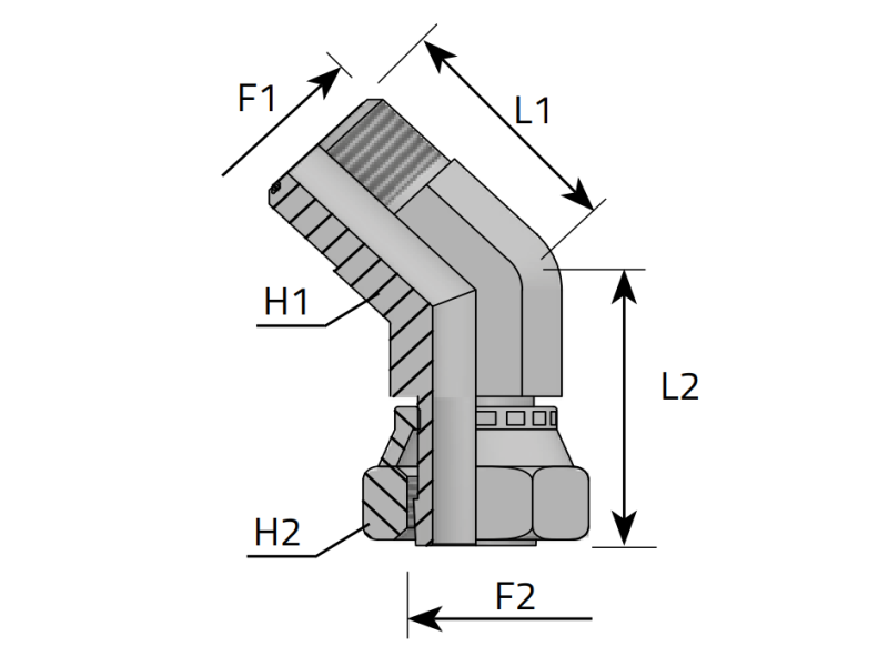 Złącze kątowe 45° EV ORFS, Materiał: Stal węglowa Cr(V