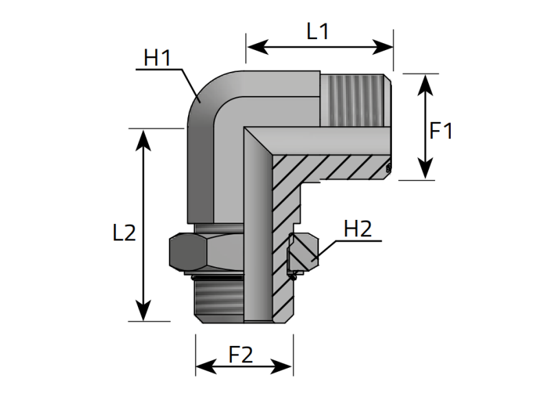 Przyłącze kątowe 90° 9/16" ORFS - 7/16" UNF, Materiał: 