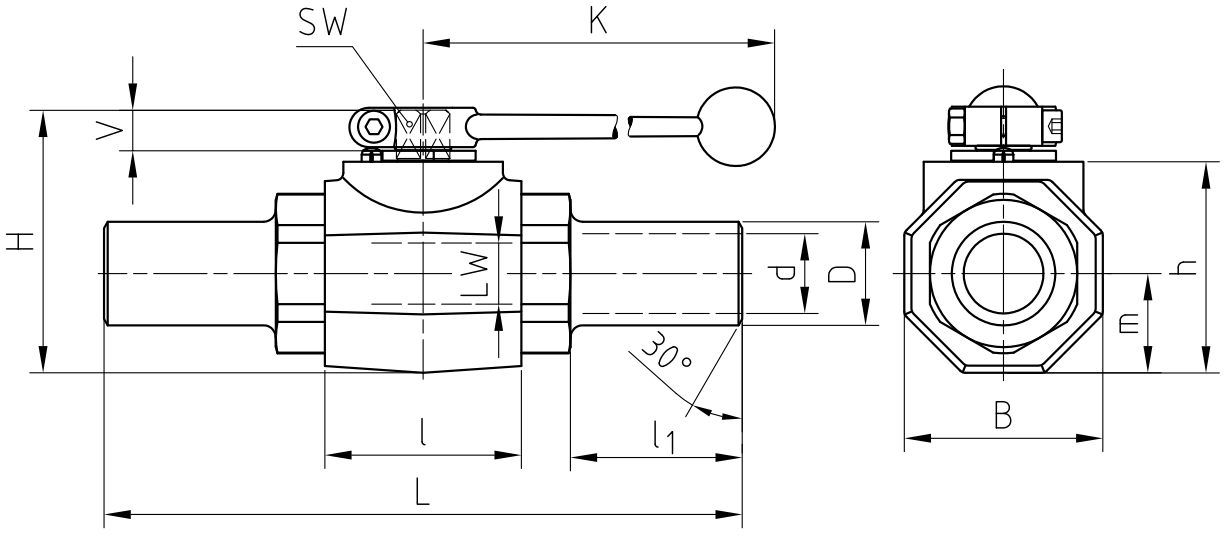 Zawór kulowy 2 drogowy z końcówkami do wspawania DN32 - D