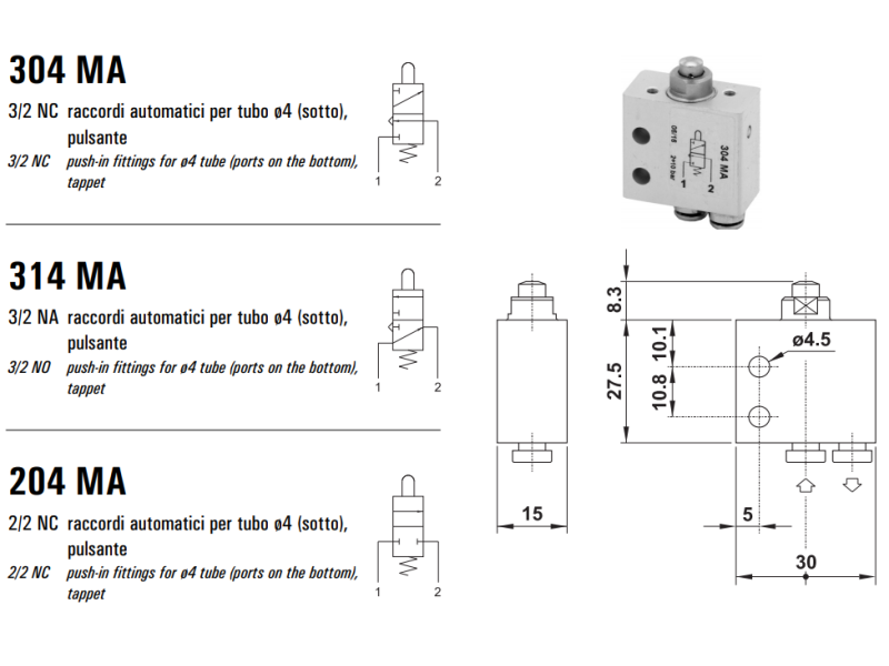 Mikrozawór MA, Elektrozawory - pozycje zaworu: 3/2, Elektro