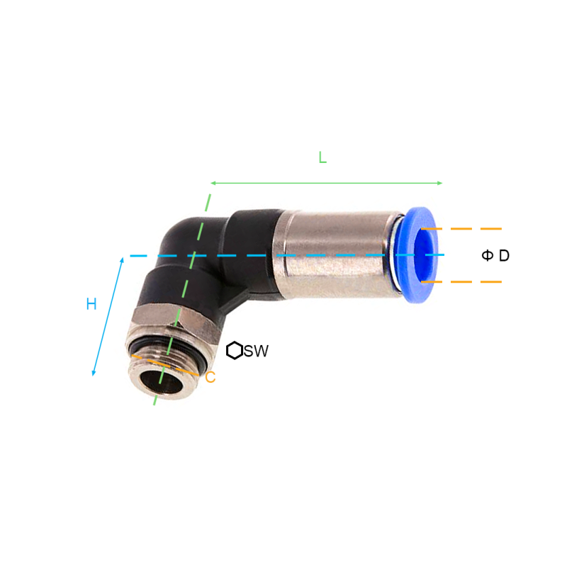 Przyłącze wtykowe kątowe z gwintem zewnętrznym z zaworem BSPP i Metrycznym 3 mm - M5x0,8, Rozmiar ØD: 3 mm - M5x0,8