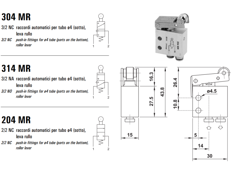 Mikrozawór MR, Elektrozawory - pozycje zaworu: 3/2, Elektro