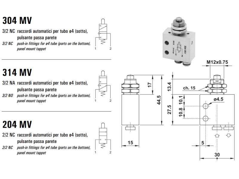 Mikrozawór MV, Elektrozawory - pozycje zaworu: 3/2, Elektro