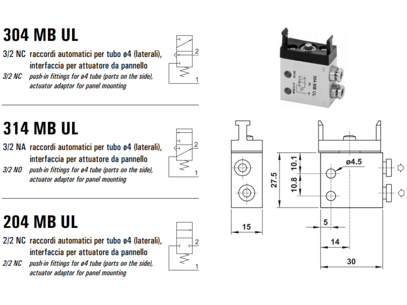 Mikrozawór MB UL, Elektrozawory - pozycje zaworu: 3/2, Elek