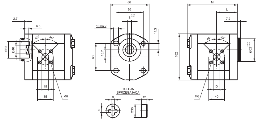 Pompa zębata grupa 2 , śruby 60x60mm zamek 52mm, Objętoś